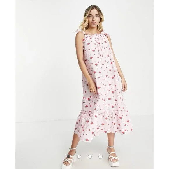 ASOS | Dresses | Asos Pieces Midi Dress Sz Small Strawberry Novelty Print  Quirky Coquette Flirty | Poshmark
